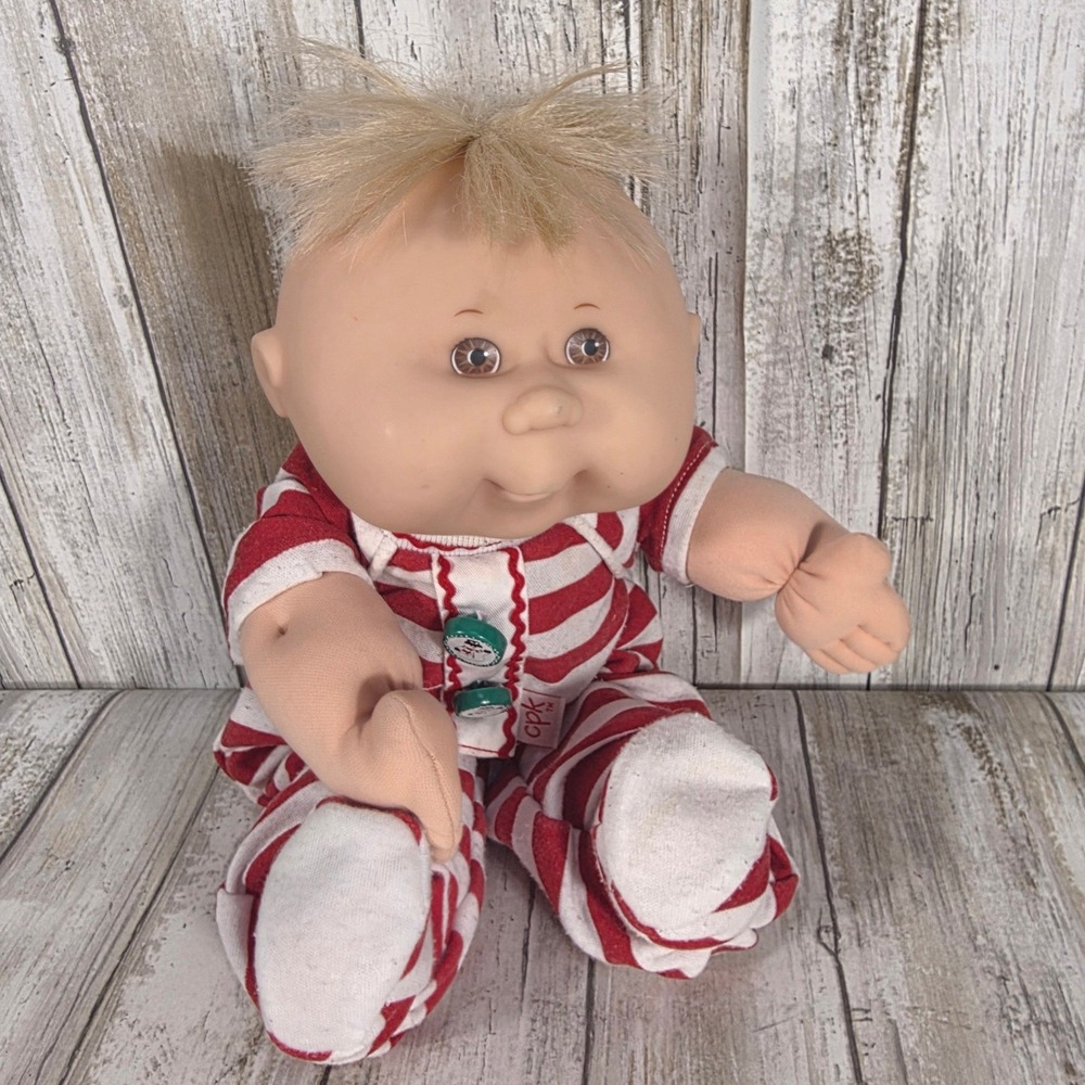 Vintage Cabbage Patch Kids Baby Boy Doll Red Striped Sleeper Snowman Buttons